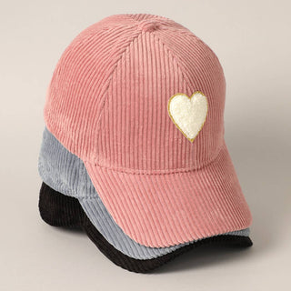 Fashion City - Women's Chenille Heart Patch Corduroy Baseball Cap: One Size