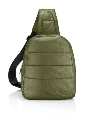 hi love travel puffer crossbody backpack in shimmer olive green