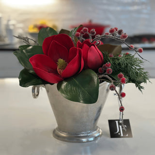 Faux Red Magnolias with Berries in Silver Pot with Handles