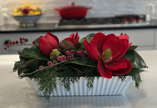 Faux Red Magnolias with Red Berries and White Rectangle Container