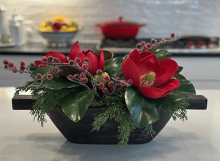 Faux Red Magnolias with Red Berries in Black Wood Bowl