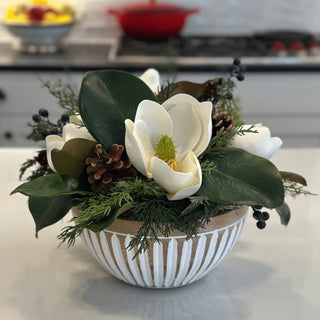 Faux White Magnolias with Blueberries and Pine Cones in Wood Bowl