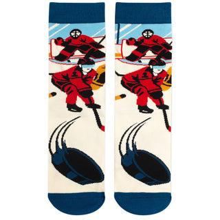 Zero Pucks Given" hockey-themed socks