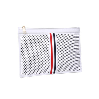 White Moda Luxe Frenchie clutch with perforated design and stripe accent
