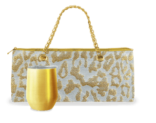 Insulated Wine Bag and Tumbler Set, White and Gold, Leopard, Gold Cup - Taryn x Philip Boutique