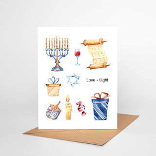 Oakwind Hollow - Love + Light Hanukkah Card HK05 Menorah Dreidel