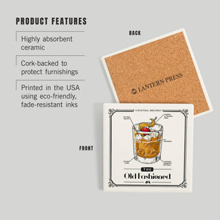 Lantern Press - CERAMIC COASTER Prohibition Cocktail Recipe Old Fashioned