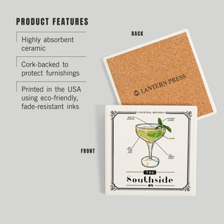 Lantern Press - CERAMIC COASTER Prohibition, Cocktail Recipe, Southside