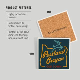 Lantern Press - Portland- Oregon Retro Skyline Old Town Sign Ceramic Coaster