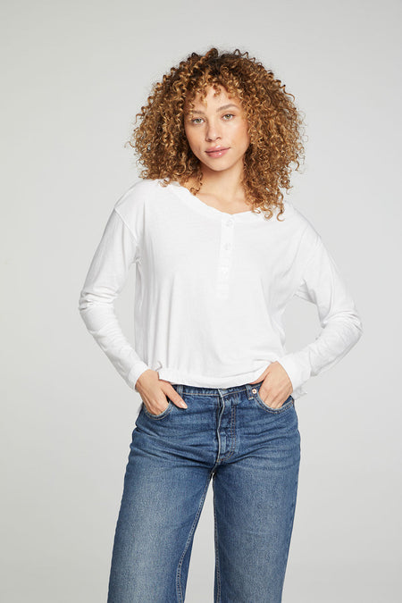 Chaser Cropped Boxy Long Sleeve Henley With Side Slits - Taryn x Philip Boutique