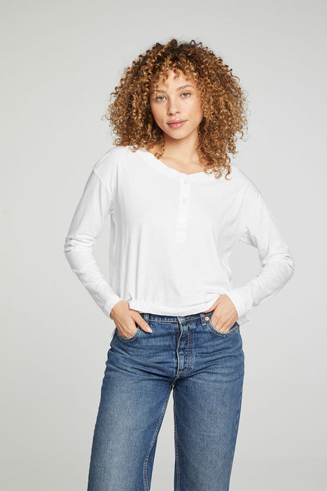 Chaser Cropped Boxy Long Sleeve Henley With Side Slits
