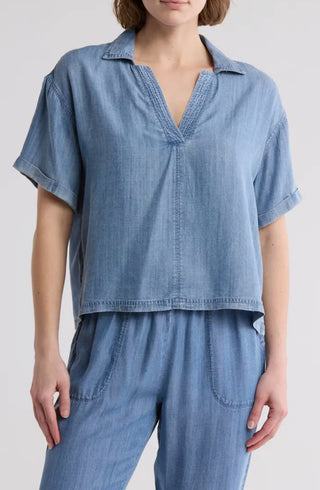 Splendid Indigo Pullover Short Sleeved V-Neck Shirt