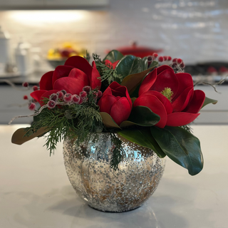 Faux Red Magnolias with Berries and Greens in Silver Metallic Textured Pot