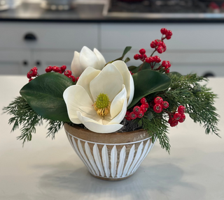 Faux White Magnolias with Red Berries in Wood Bowl