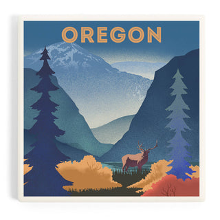 Lantern Press - CERAMIC COASTER Oregon, Lithograph Elk & Mountains Scene