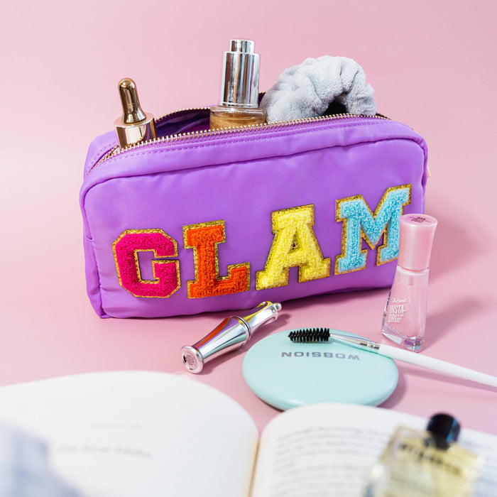 Preppy Nylon Chenille Letter Travel Makeup Pouch - GLAM: Purple-GLAM - Taryn x Philip Boutique