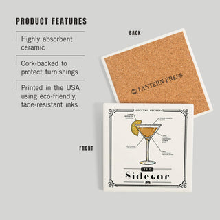 Lantern Press - CERAMIC COASTER Prohibition, Cocktail Recipe, Sidecar