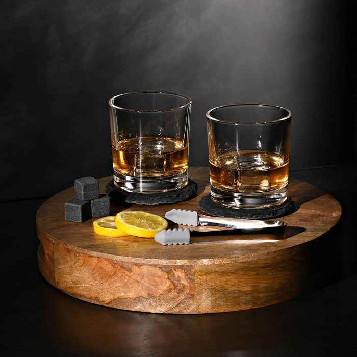 WIDDOP and Co. - Whiskey Gift Set Incl Glasses Coasters & Tongs In A Rustic Wooden Tray