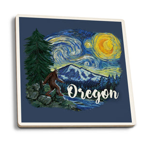 Lantern Press - Ceramic Coaster Oregon Columbia River Bigfoot Starry Night