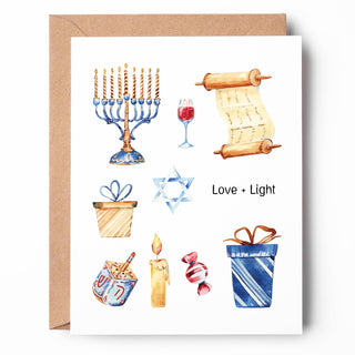 Oakwind Hollow - Love + Light Hanukkah Card HK05 Menorah Dreidel