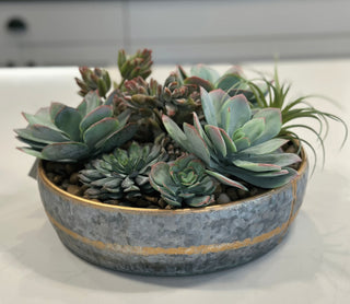 Faux Mixed Succulents in Metal Rustic Bowl with Copper Accents