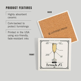 Lantern Press - CERAMIC COASTER Prohibition, Cocktail Recipe, French 75
