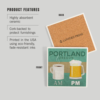Lantern Press - CERAMIC COASTER Portland, Oregon Coffee AM, Beer PM