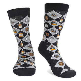 novelty crew socks featuring a whiskey theme
