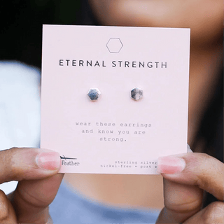 Lucky Feather Eternal Strength - Silver Hexagon Earrings
