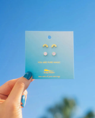 Lucky Feather Earring Set - Rainbow + Disc