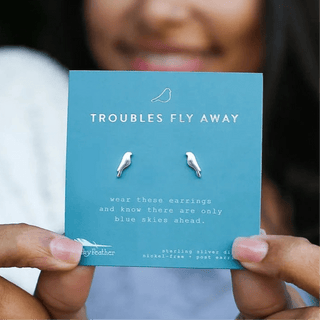 Lucky Feather Troubles Fly Away - Silver Bird Earrings