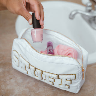 Preppy Nylon Chenille Letter Travel Makeup Pouch - STUFF