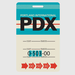 vintage-style luggage tag for Portland International Airport