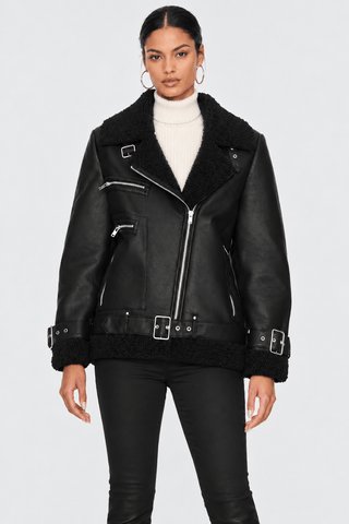 STEVE MADDEN Quinn Sherpa Lined Faux Leather Moto Jacket In Black