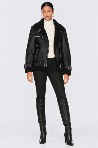 STEVE MADDEN Quinn Sherpa Lined Faux Leather Moto Jacket In Black