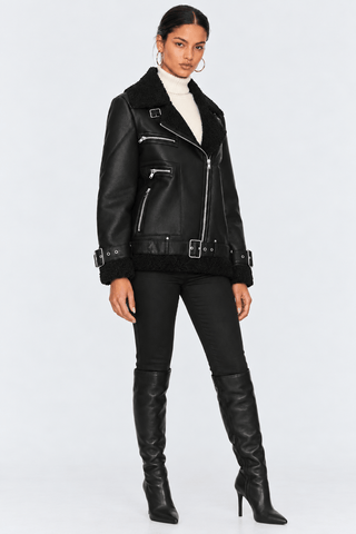STEVE MADDEN Quinn Sherpa Lined Faux Leather Moto Jacket In Black