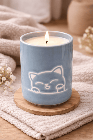 Cozy Cat Tea Cup 10oz Candle • Warm Woods