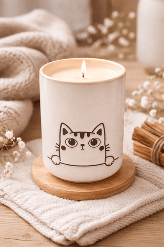 Curious Cat Ceramic Tea Cup 10oz Candle • Asian Sandalwood