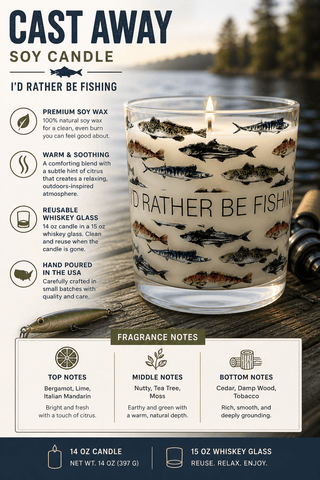 Fishing • 15oz Whiskey Glass, 14oz Candle • Cast Away