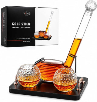 The Wine Savant /  Khen Glassware - Golf Club Whiskey Decanter Set with 2 Crystal Glasses, 28.7