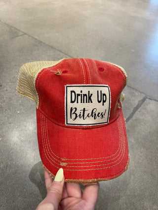 "Warning! Girls Drinking Again" Distressed Trucker Hat - Maroon