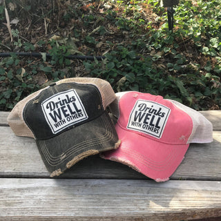 Vintage Life - Drinks Well With Others Distressed Trucker Hat Baseball Cap