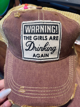 "Warning! Girls Drinking Again" Distressed Trucker Hat - Maroon