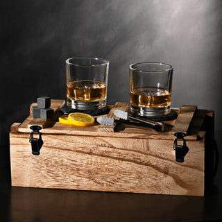 WIDDOP and Co. - Whiskey Gift Set Incl Glasses Coasters & Tongs In A Rustic Wooden Tray