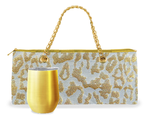 Insulated Wine Bag and Tumbler Set, White and Gold, Leopard, Gold Cup - Taryn x Philip Boutique
