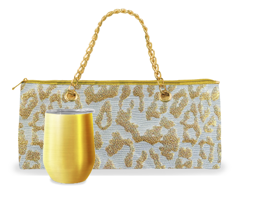 Insulated Wine Bag and Tumbler Set, White and Gold, Leopard, Gold Cup