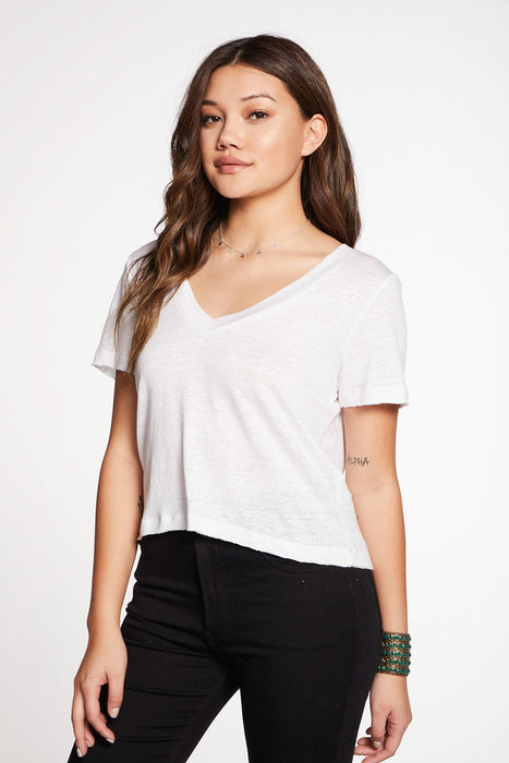 Chaser Brand Linen Jersey Cropped V-Neck Tee