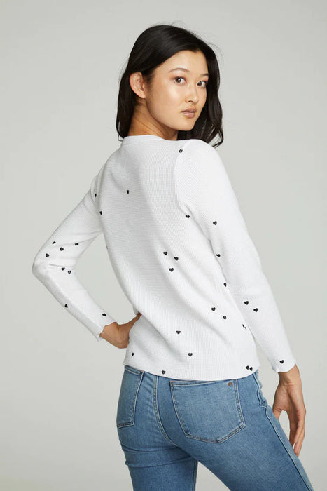 Chaser Waffle Crewneck with Black Hearts - Taryn x Philip Boutique