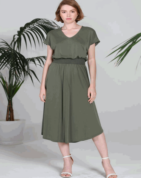 COA V-Neck Smocking Waist Dress in Olive - Taryn x Philip Boutique