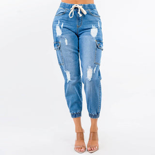 HIGH WAIST DISTRESSED DENIM JOGGER PANTS-RJJ5455 - Taryn x Philip Boutique